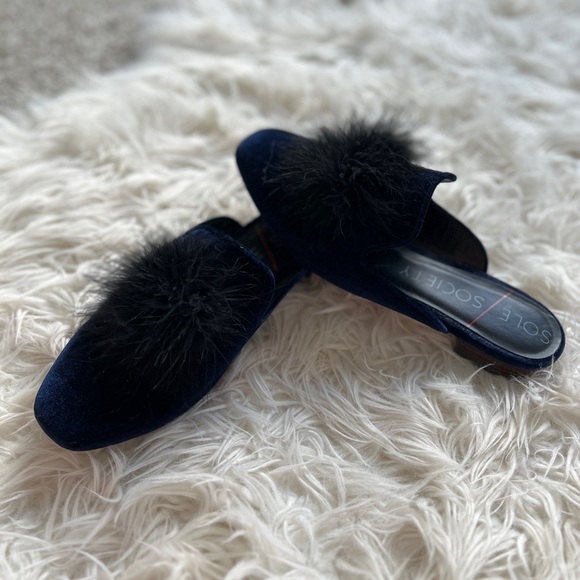 Sole Society | Navy Velvet Slides w/ Black Puff - Picture 4 of 8